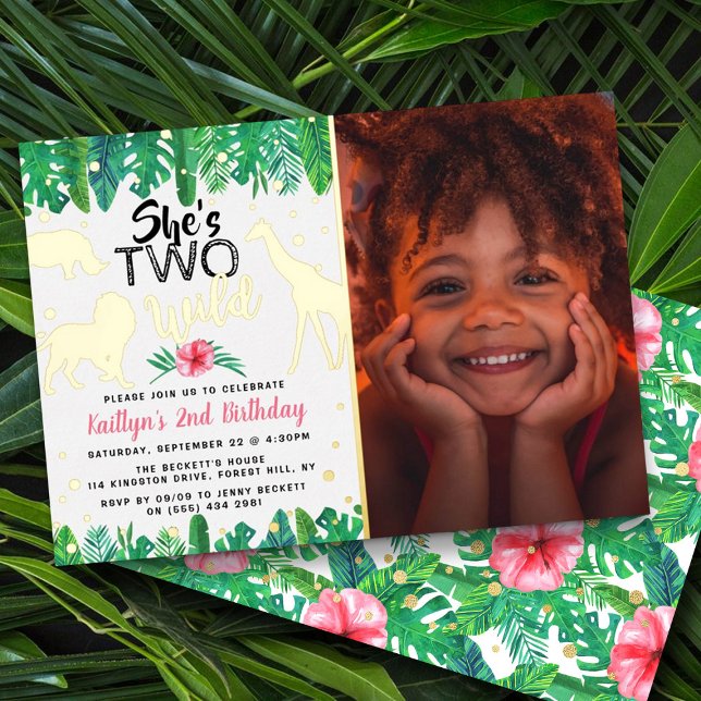 Two Wild Jungle Safari Girls 2nd Birthday Photo Foil Invitation (Creator Uploaded)
