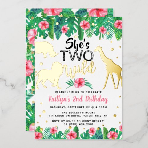 Two Wild Jungle Safari Girls 2nd Birthday Real Foil Invitation