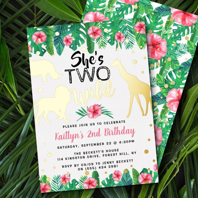 Two Wild Jungle Safari Girls 2nd Birthday Real Foil Invitation (Creator Uploaded)
