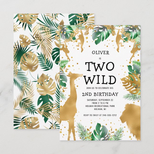 Two Wild Jungle Safari Gold Green 2nd Birthday Invitation (Front/Back)