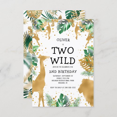 Two Wild Jungle Safari Gold Green 2nd Birthday Invitation
