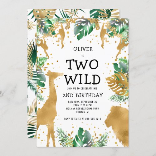 Two Wild Jungle Safari Gold Green 2nd Birthday Invitation