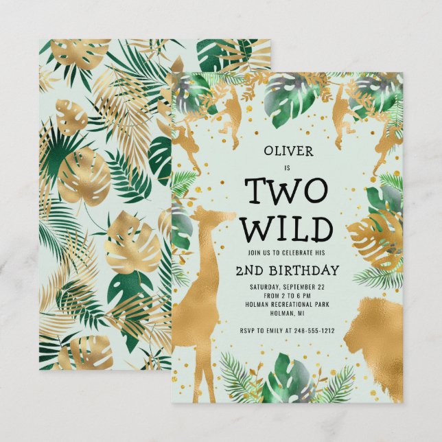 Two Wild Jungle Safari Green Gold 2nd Birthday Invitation (Front/Back)