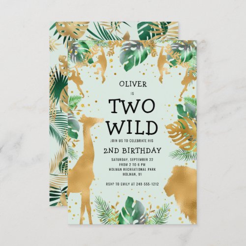 Two Wild Jungle Safari Green Gold 2nd Birthday Invitation