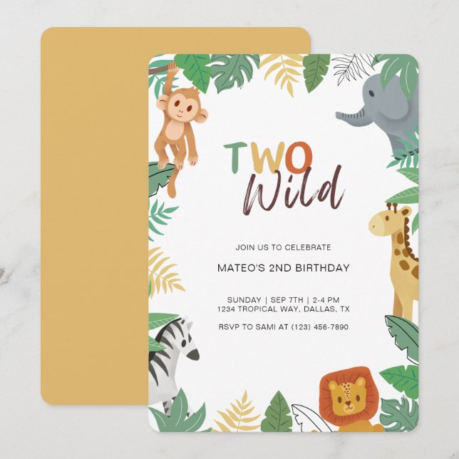 Two Wild Jungle Safari Second Birthday Party Invitation (Front/Back)