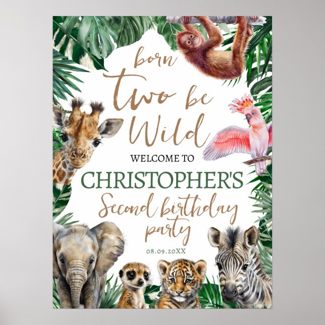 Two Wild Jungler kids 2nd Birthday Party Welcome Poster (Front)