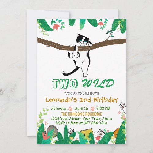 Two Wild Kitty Cat Greenery Kids 2nd Birthday  Invitation