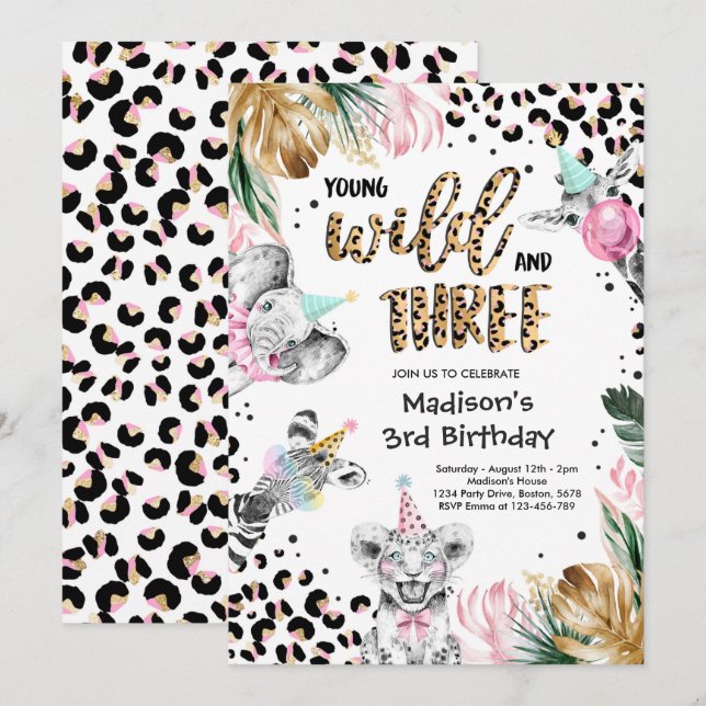 Two Wild Leopard Print Safari Animals Birthday Inv Invitation (Front/Back)
