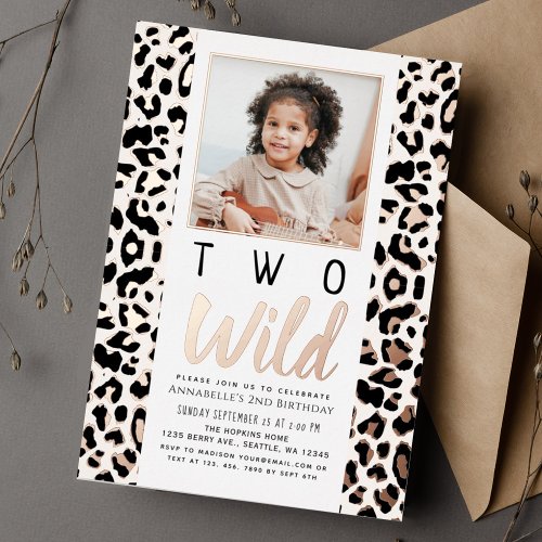 Two Wild Leopard Spot Photo Kids 2nd Birthday Foil Invitation