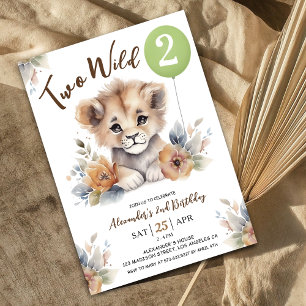 Two Wild Lion Sage Green Balloon 2nd Birthday Boy Invitation
