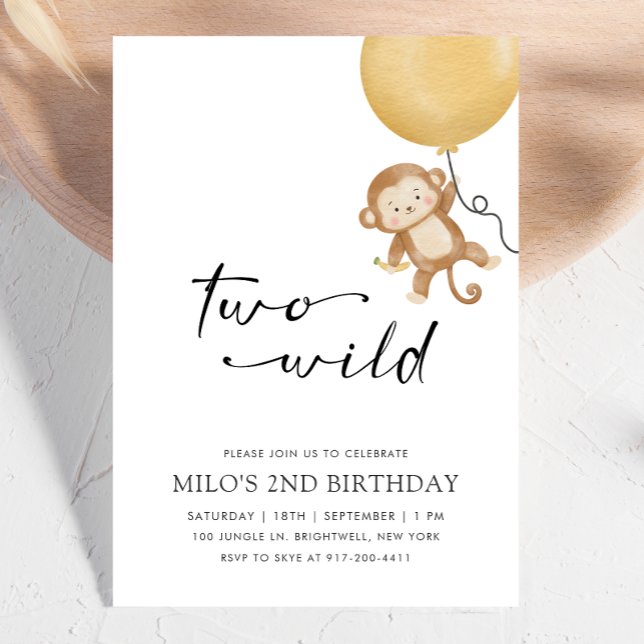 Two Wild Minimalist Monkey Second Birthday Invitation (Creator Uploaded)