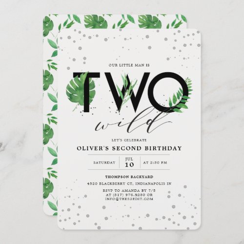 Two Wild Modern Tropical Greenery 2nd Birthday Invitation