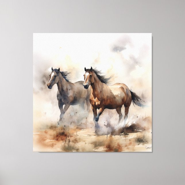 “Two Wild Mustangs ” Dusty Western Watercolour Canvas Print (Front)