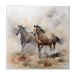 “Two Wild Mustangs ” Dusty Western Watercolour Ceramic Tile<br><div class="desc">The American West has inspired its own distinct type of art. Western artists offer visions of a new land filled with possibility and danger. This image in dusty watercolor depicts wild mustang horses with the help of ai technology.</div>