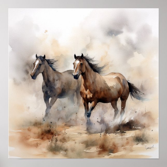 “Two Wild Mustangs ” Dusty Western Watercolour Poster (Front)