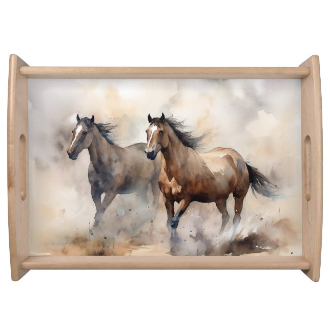 “Two Wild Mustangs ” Dusty Western Watercolour Serving Tray (Front)