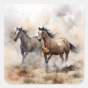 “Two Wild Mustangs ” Dusty Western Watercolour Square Sticker