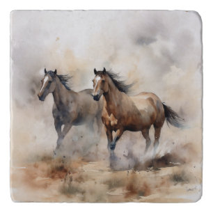 “Two Wild Mustangs ” Dusty Western Watercolour Trivet