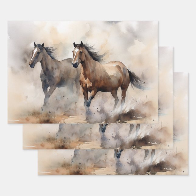 “Two Wild Mustangs ” Dusty Western Watercolour Wrapping Paper Sheets (Set)