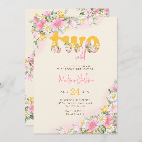 Two Wild Mustard  Pink Wildflower Birthday Invita Invitation