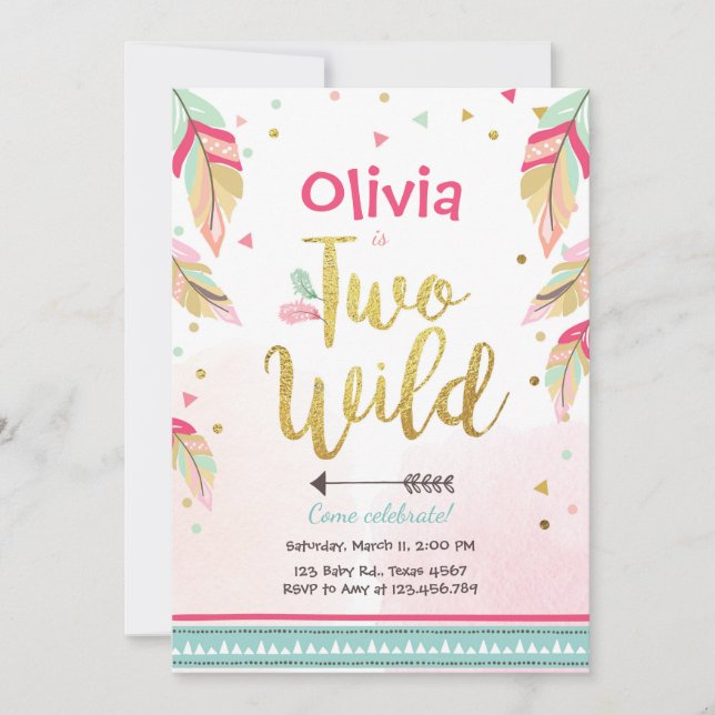Two wild party invitation 2nd Birthday girl boho (Front)