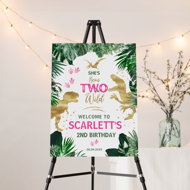 Two Wild Pink Dinosaur2nd Birthday Party Welcome Foam Board (In Situ (Stand))
