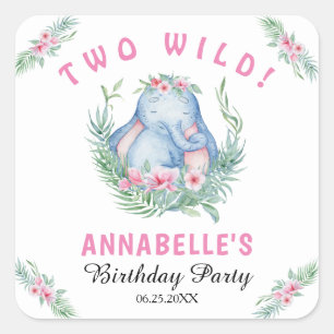 Two Wild Pink Elephant Girl's 2nd Birthday Square Sticker
