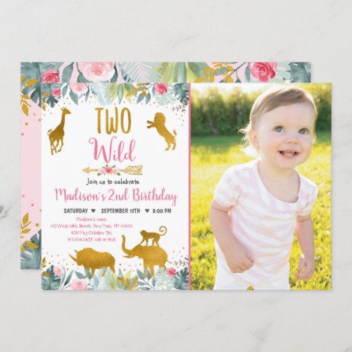Two Wild Pink Gold Greenery Safari Birthday Invitation