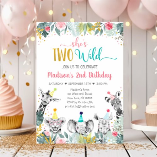 Two Wild Pink Gold Party Animal Birthday Invitation