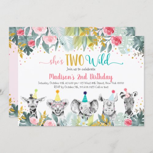 Two Wild Pink Gold Party Animal Birthday Invitation