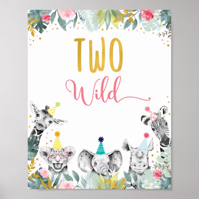 Two Wild Pink Gold Party Animal Birthday Sign (Front)