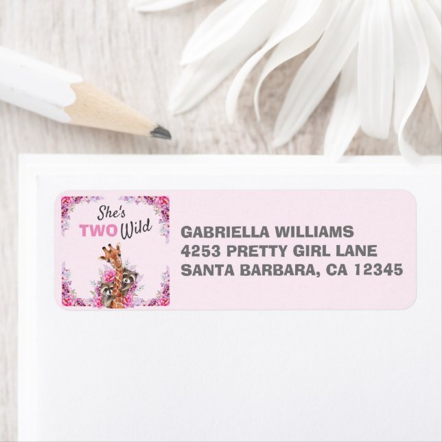 Two Wild Pink Safari Giraffe Floral Birthday  Label (Insitu)