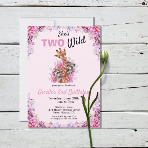 Two Wild Pink Safari Giraffe Floral Birthday Party Invitation