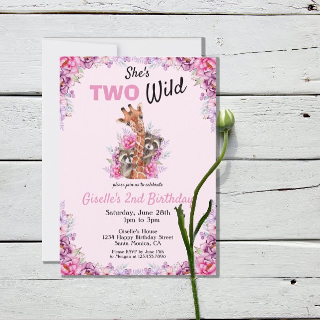 Two Wild Pink Safari Giraffe Floral Birthday Party Invitation (Creator Uploaded)