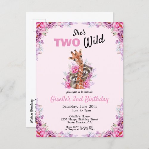 Two Wild Pink Safari Giraffe Floral Birthday Party Invitation Postcard