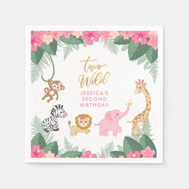 TWO WILD - Pink Safari Girl's SECOND Birthday Napkins (Front)