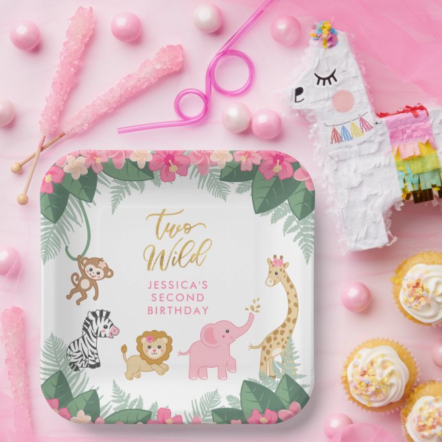 TWO WILD - Pink Safari Girl's SECOND Birthday Paper Plates (Party)