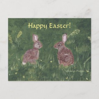 Two Wild Rabbits in Grass Happy Easter Postcards