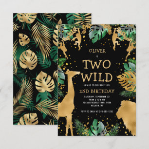 Two Wild Safari 2nd Birthday Black Green Gold Invitation