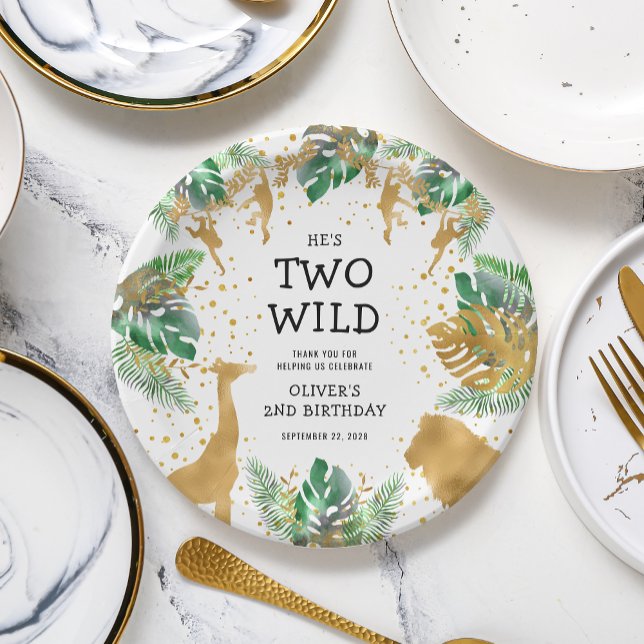 Two Wild Safari 2nd Birthday Party Green Gold Paper Plates (Creator Uploaded)