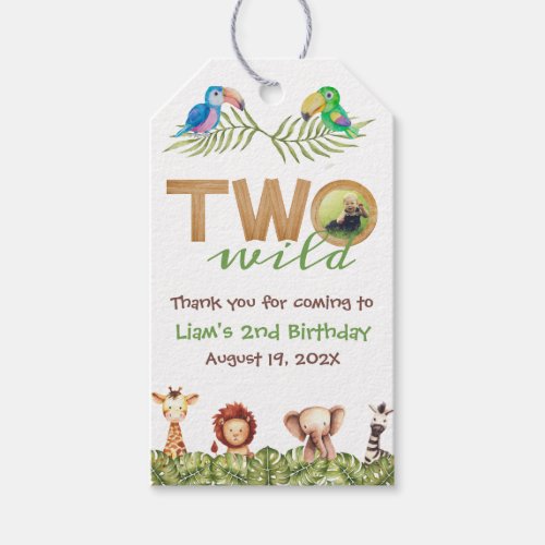 Two Wild Safari 2nd Birthday Photo Animals Wood Gift Tags
