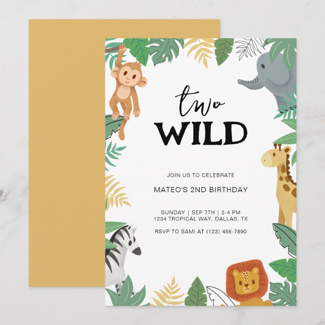 Two Wild Safari Animal 2nd Birthday Party Invitation (Front/Back)