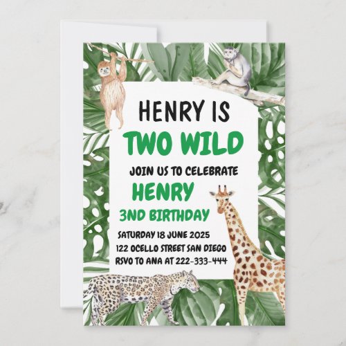 Two Wild Safari Animals 2nd Birthday Invitation