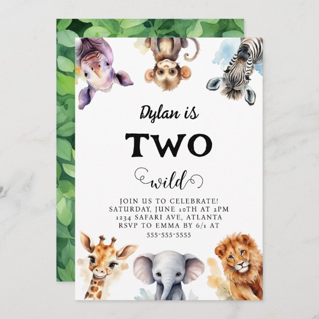 Two Wild Safari Animals 2nd Birthday Invitation (Front/Back)