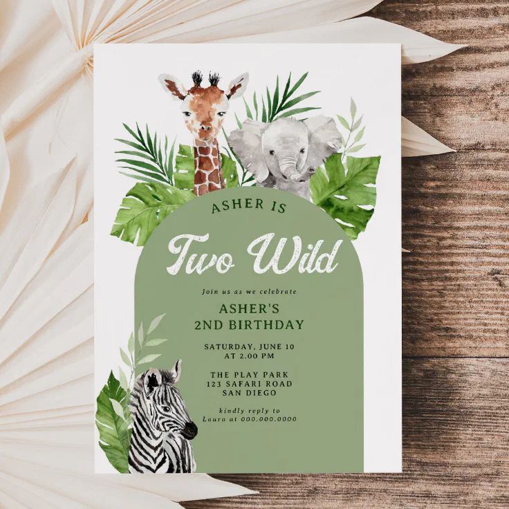 Two Wild Safari Animals 2nd Birthday Invitation 