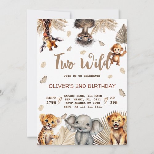 Two Wild Safari Animals 2nd Birthday  Invitation