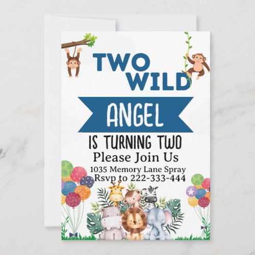 Two Wild Safari Animals 2nd Birthday Invitation