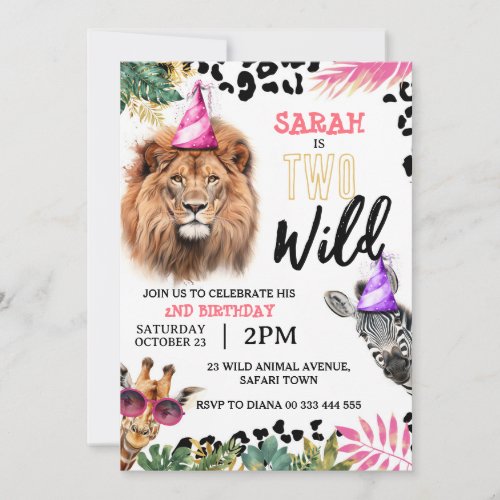 Two Wild Safari Animals 2nd Birthday Party Invitat Invitation