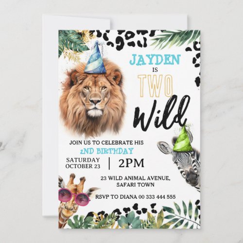 Two Wild Safari Animals 2nd Birthday Party Invitation