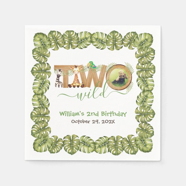 Two Wild Safari Animals 2nd Birthday Party Photo  Napkins (Front)